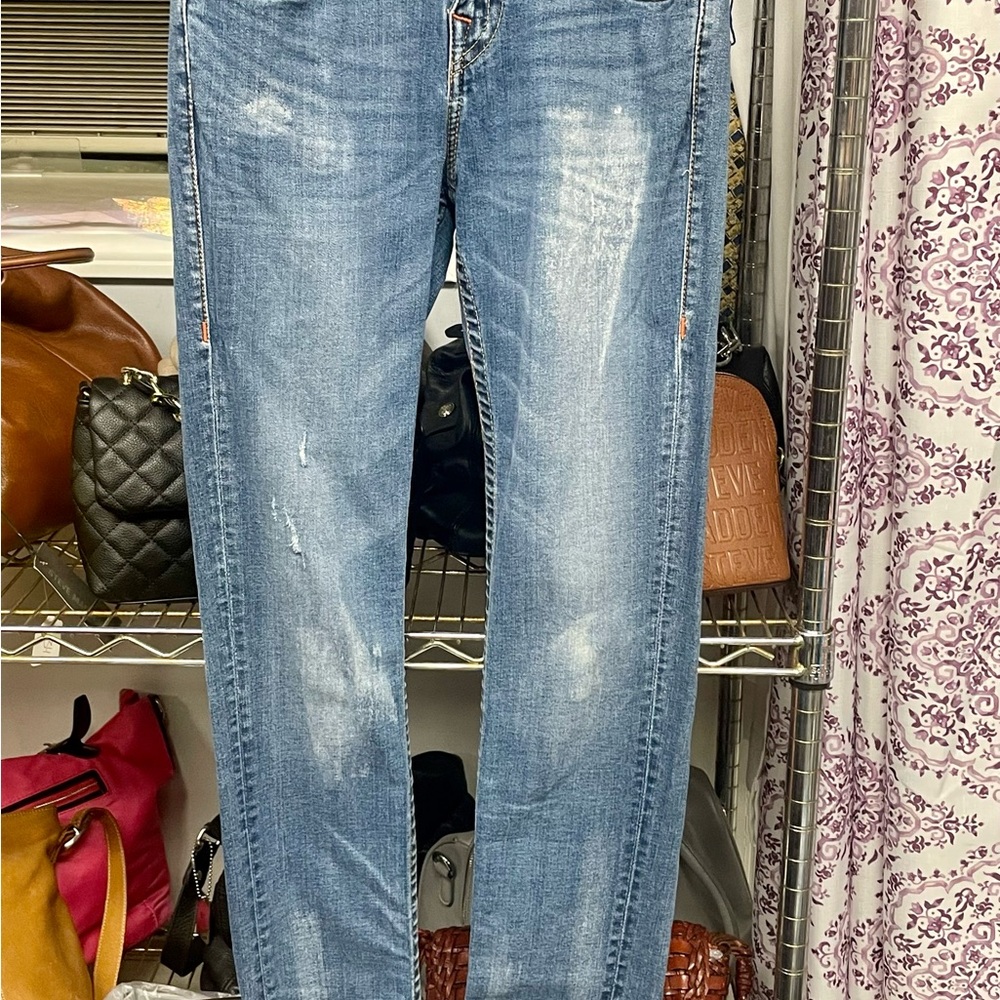 True Religion Distressed Blue Straight Leg Jeans